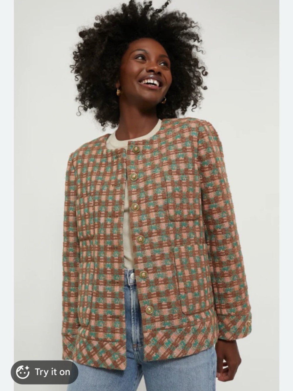 Tuckernuck Plaid Collarless Tweed Jacket in Rust and Teal